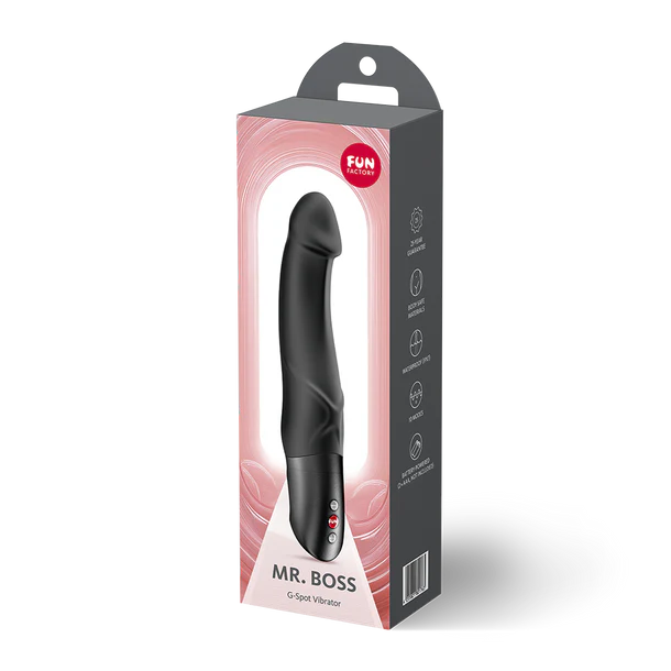 G-spot vibrator packaging with 'MR. BOSS' branding on a white background