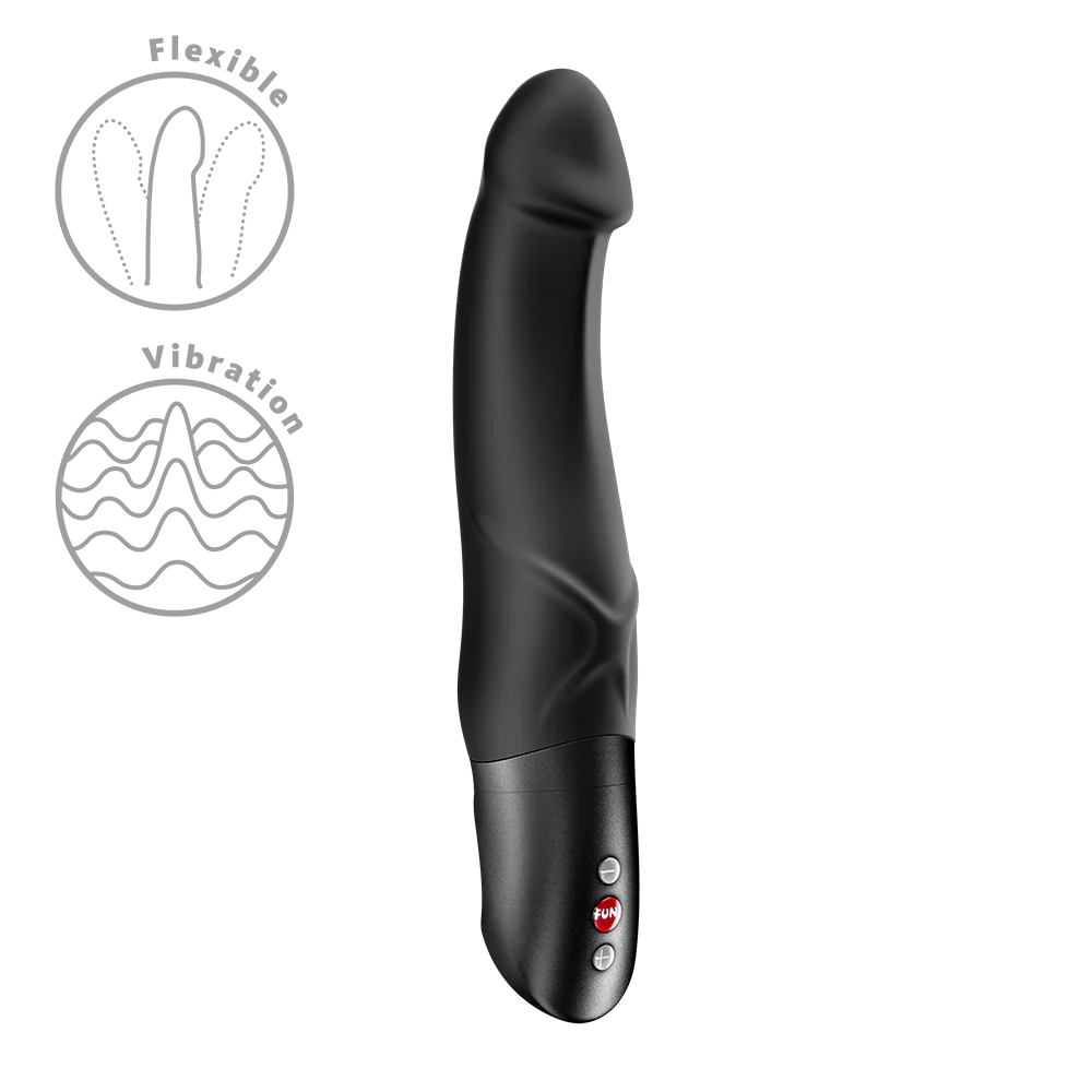 Black flexible and vibration-enabled device on a white background with icons indicating features.