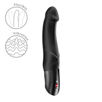 Black flexible and vibration-enabled device on a white background with icons indicating features.