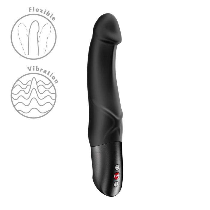 Black flexible and vibration-enabled device on a white background with icons indicating features.