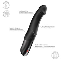 Black G-spot stimulation device with features highlighted on a white background