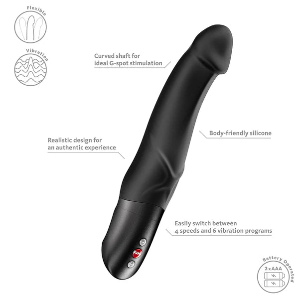 Black G-spot stimulation device with features highlighted on a white background