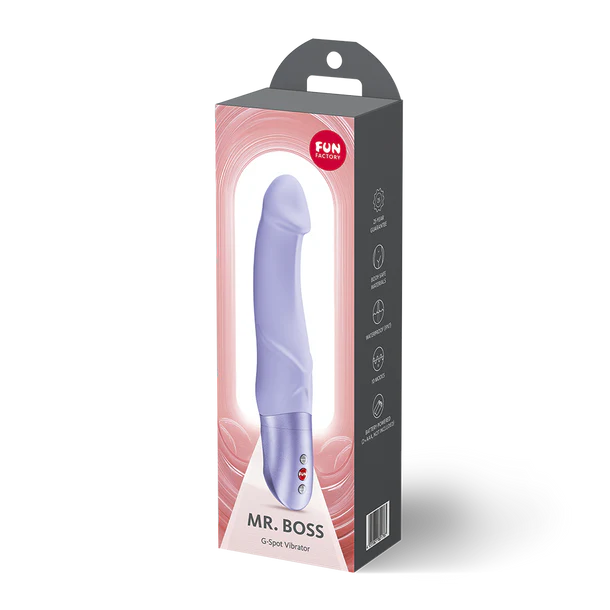 Purple vibrator in packaging with 'MR. BOSS' branding on a white background