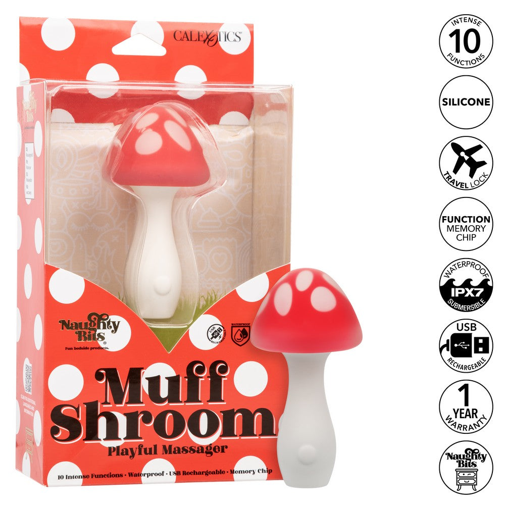 mushroom vibrator with white stem, red top with white dots beside packaging