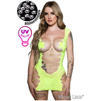 neon green rhinestone chemise with zip zag open back, open butt and open sizes