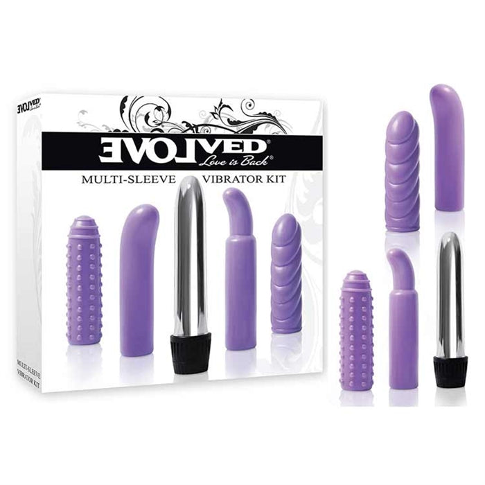 a shiny silver vibrator with a black cap next to four purple different textured sleeves and its white display box