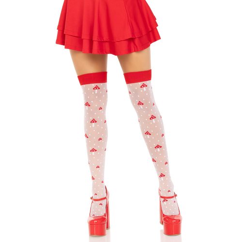 White thigh-high socks with red mushroom pattern and red shoes worn with a red skirt on a white background