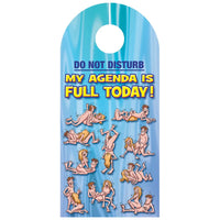 A door hanger with a blue background featuring cartoon characters in various poses with text that reads 'DO NOT DISTURB MY AGENDA IS FULL TODAY!'.