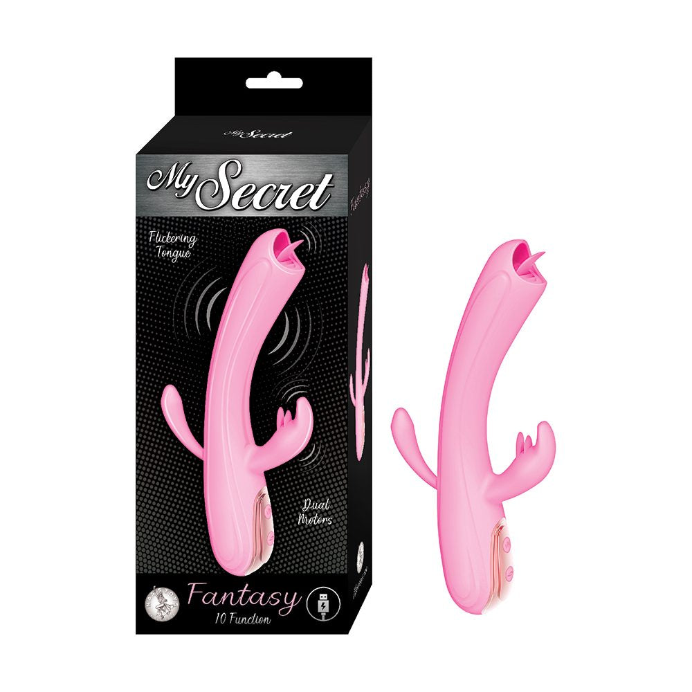 Pink fantasy vibrator with packaging labeled 'My Secret' on a white background