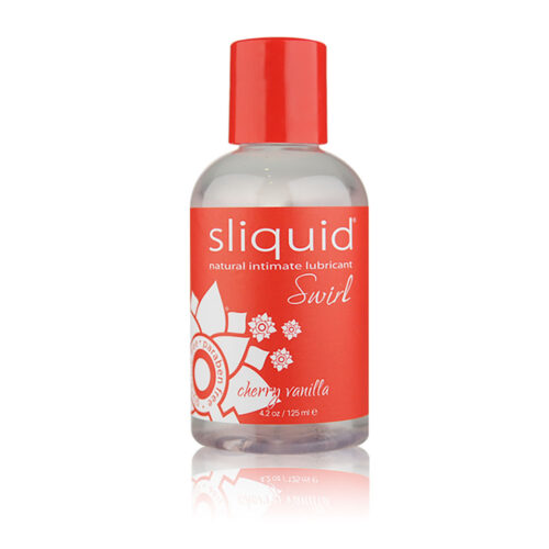 Sliquid natural intimate lubricant bottle cherry vanilla with red cap and label on a white background