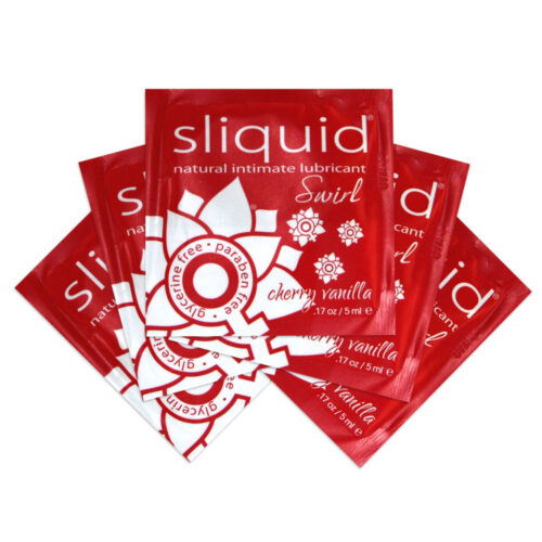Red packets of sliquid natural intimate lubricant cherry vanilla on a white background