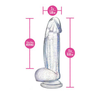 Measurement chart of a glittery dildo with balls with dimensions labeled on a white background