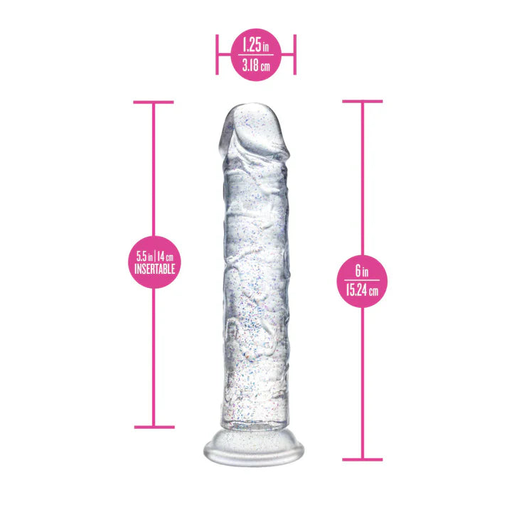 Measurement chart of a glittery dildo with dimensions labeled in inches and centimeters on a white background.
