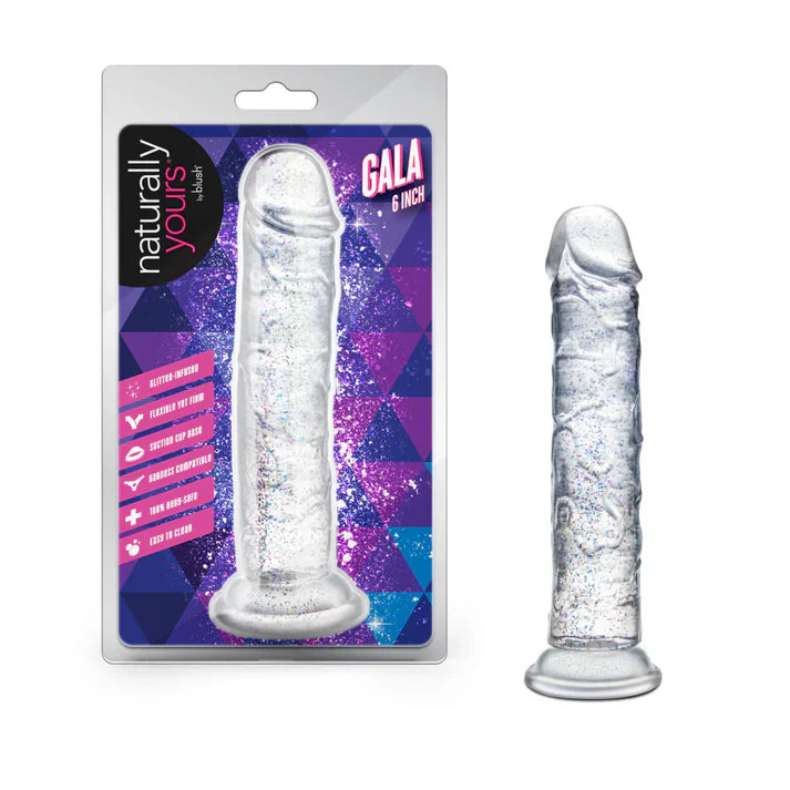 glittery dildo with packaging labeled 'Gala' and 'Naturally Yours' on a white background