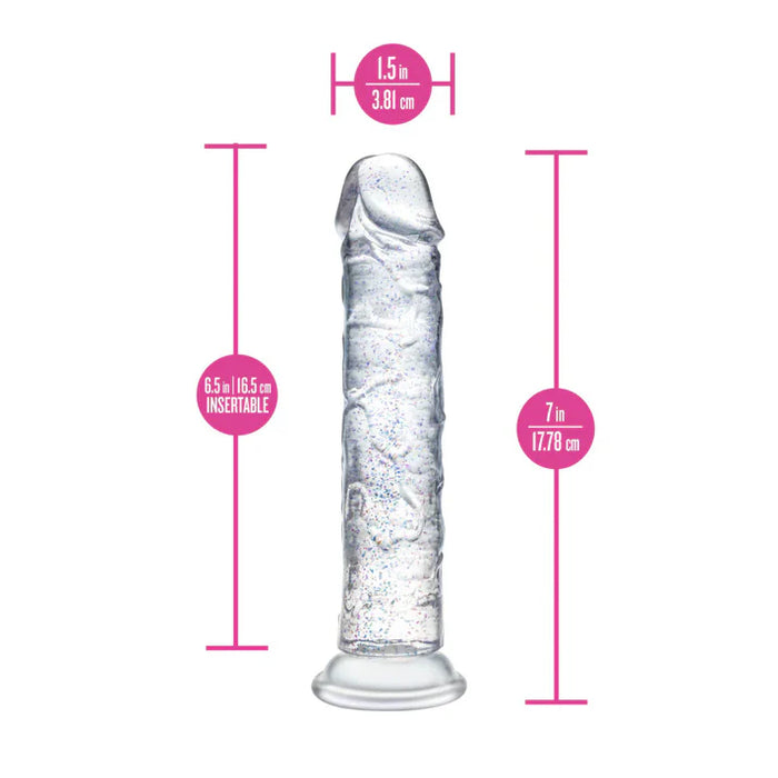 Measurement chart of a glittery dildo with dimensions labeled in millimeters.