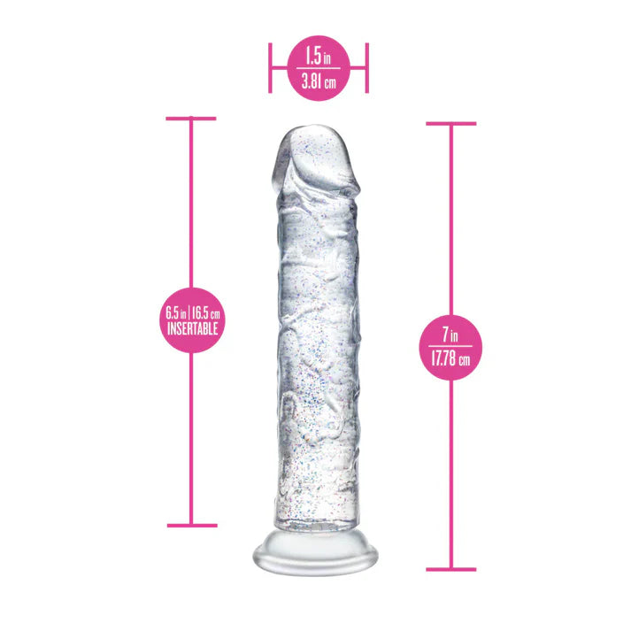 Measurement chart of a glittery dildo with dimensions labeled in millimeters.