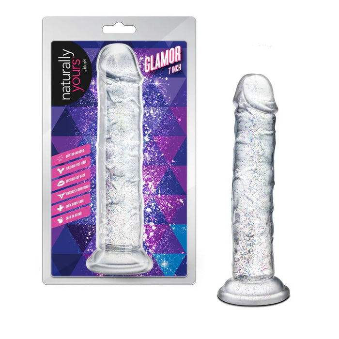 Clear glittery dildo product with packaging labeled 'Naturally Yours' on a white background