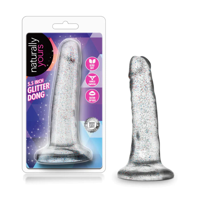 a glittery clear penis shaped dildo with a suction cup base shown next to its plastic packaging 