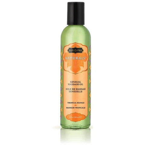Bottle of Kama Sutra Naturals Sensual Massage Oil in Tropical Mango flavor on a white background