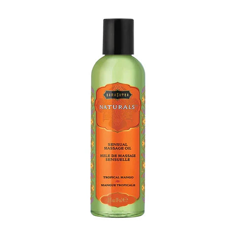 Bottle of Naturals Sensual Massage Oil with tropical mango scent on a white background
