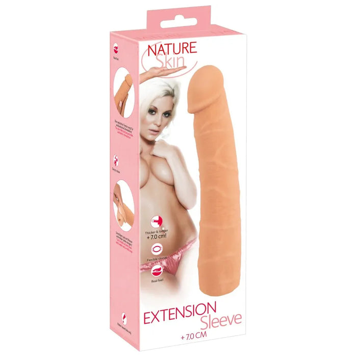 beige, realistic penis extender 7cm on white and pink box