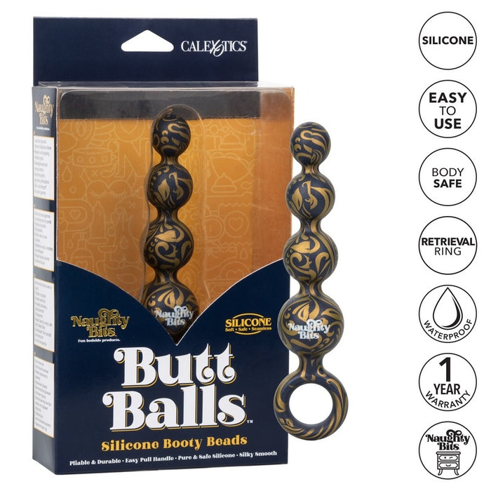 blue and gold swirls on anal beads with finger ring beside box