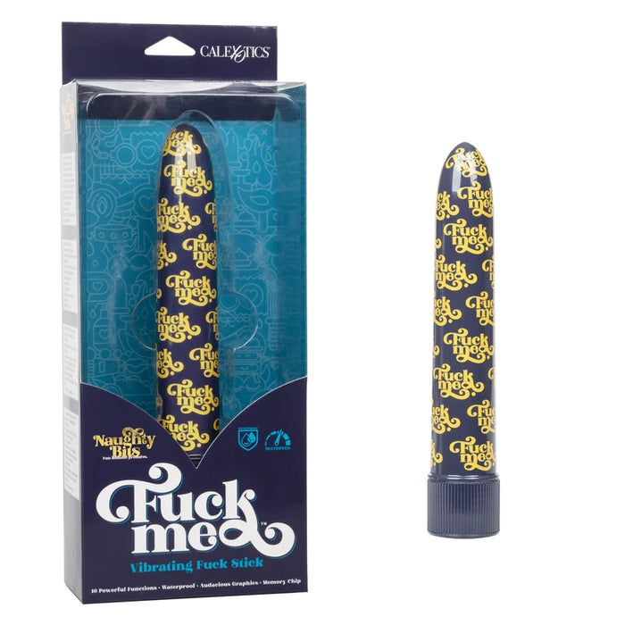 a dark blue sleek vibrator with a blue cap and a yellow "Fuck me" pattern along the shaft, shown next to its plastic display box