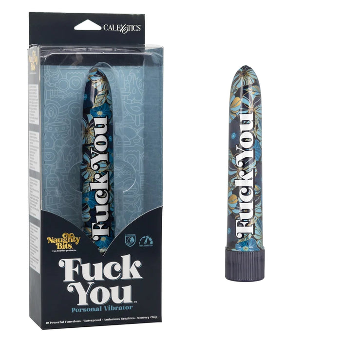 a sleek blue flower patterned vibrator with a blue cap and the words fuck you along the shaft, shown next to its plastic box packaging