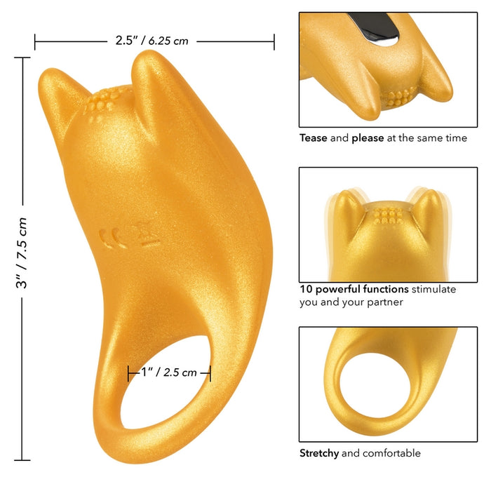 gold rechargeable vibrating silicone cock ring with information and measurements