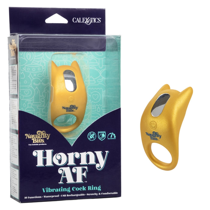 gold silicone chargeable vibrating cock ring next to naughty bits box