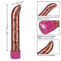 burgundy g spot vibrator with gold flower design and a pink cap shown next to close up pictures of the tip and the cap