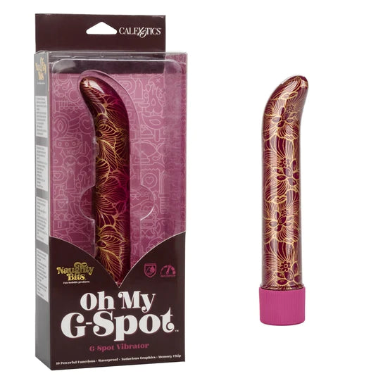 burgundy g spot vibrator with gold flower design and a pink cap shown next to plastic display box