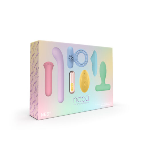 Pastel-colored vibrating bullet product set packaging with 'nobu' branding on a white background