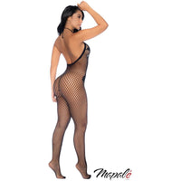 brunette female wearing black Fishnet bodystocking with floral lace over the front, a high halter tie-neck collar and an open crotch