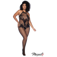 brunette plus size female wearing black Fishnet bodystocking with floral lace over the front, a high halter tie-neck collar and an open crotch