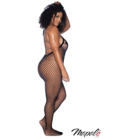 brunette plu size female wearing black Fishnet bodystocking with floral lace over the front, a high halter tie-neck collar and an open crotch