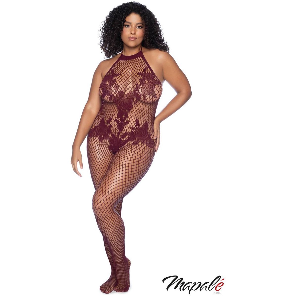 brunette plus size female wearing burgundy Fishnet bodystocking with floral lace over the front, a high halter tie-neck collar and an open crotch