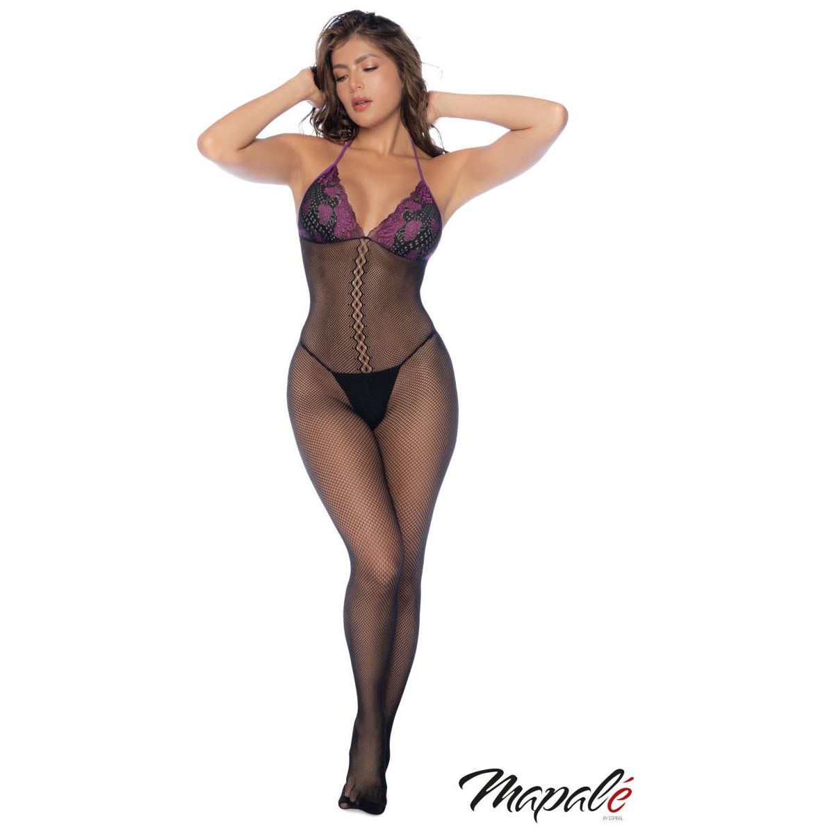 brunette female wearing black and purple Fishnet bodystocking with contrast floral lace over soft triangle cups, a halter tie-neck collar and an open crotch front view