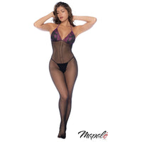 brunette female wearing black and purple Fishnet bodystocking with contrast floral lace over soft triangle cups, a halter tie-neck collar and an open crotch front view