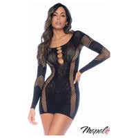 black net dress with long sleeves and open chest front view