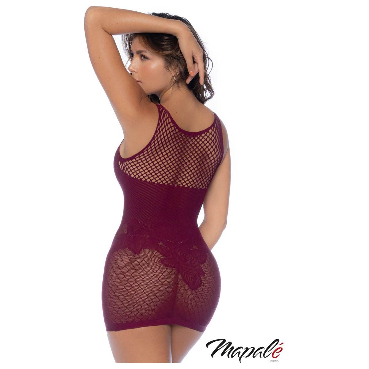 High neck net chemise with floral lace embroidered over a honeycomb top and cutouts all-over and a checkered bottom. back view