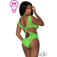 female wearing neck halter style teddy with open back and sides