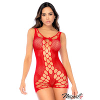 Red fishnet romper worn by a model on a white background
