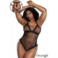 Woman wearing a black fishnet bodysuit with 'Dreamgirl' branding.