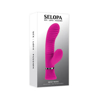 Pink silicone vibrator with stimulator in a Selopa packaging on a white background