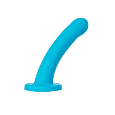 a teal smooth dildo with a slightly bulbus head and a suction cup base
