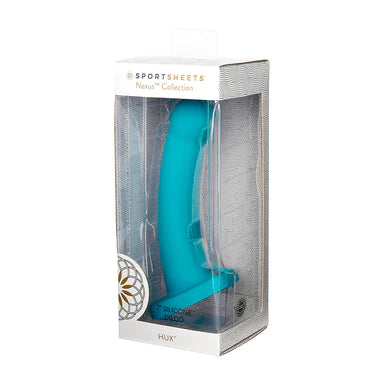 a teal smooth dildo with a slightly bulbus head and a suction cup base shown in its display box