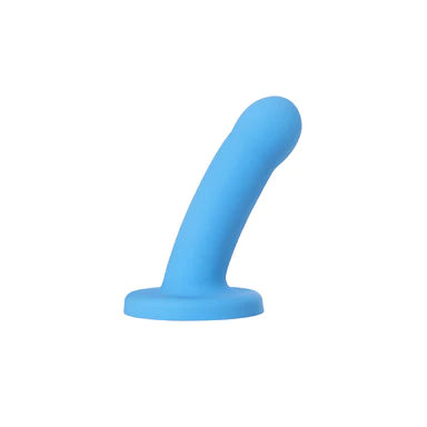 a stubby blue smooth dildo with a slightly bulbus head and a suction cup base 