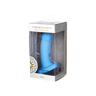 a stubby blue smooth dildo with a slightly bulbus head and a suction cup base shown in its display box