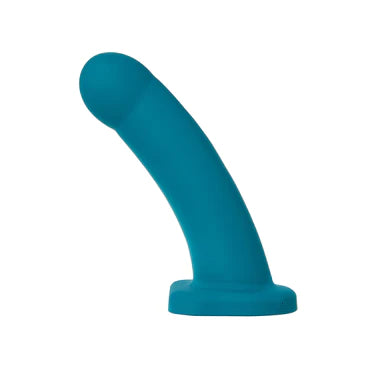 a teal smooth dildo with a slightly bulbus head and a suction cup base 